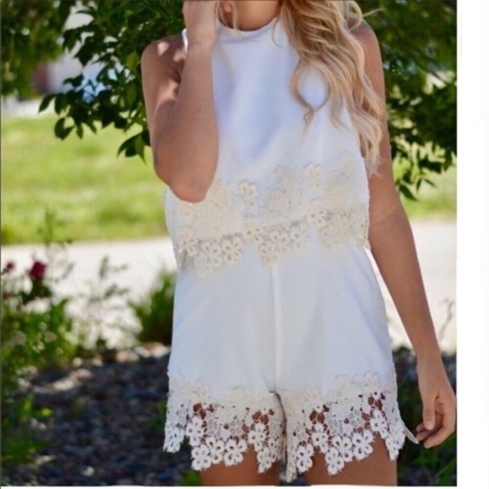 4si3nna Romper White and Cream Crochet Lace Detail